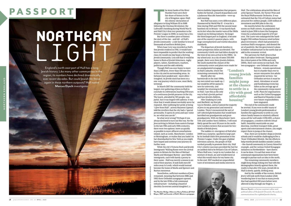 This month's  @JewishRen magazine features a series of fascinating articles on declining Jewish communities in the north of England. I was asked to write about the history of Hull and its Jews, and to consider whether my home city's situation is typical of what has happened...