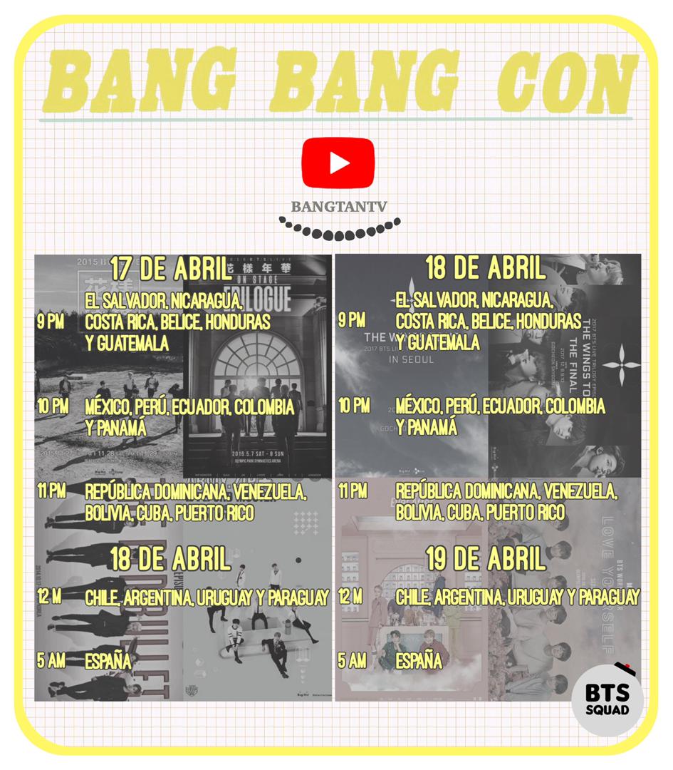 BTSquadPress's tweet photo. [INFO]📰

¡Esta noche se transmitirá la primera parte del contenido exclusivo de @BTS_twt!💜

•La transmisión será en vivo desde el canal de YouTube 'BANGTANTV'.
Link: https://t.co/LNOqozjQxy

•Usaremos los Tags:
#.BangBangCon_D1
#.BangBangCon
#.BTS_Concert_At_Home

•Horarios: https://t.co/yl1tCfkngx