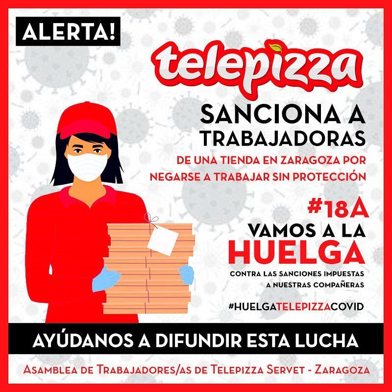 salariojustos's tweet photo. Las trabajadoras de @telepizzaexplot han sido sancionadas por negarse a trabajar sin EPIs
Harán huelga para luchar por sus derechos

✊ La organización y la lucha en los centros de trabajo es más importante que nunca!
#HuelgaTelepizzaCovid
#Covid_19 @instrabajoyss https://t.co/3gSYRYmwWl