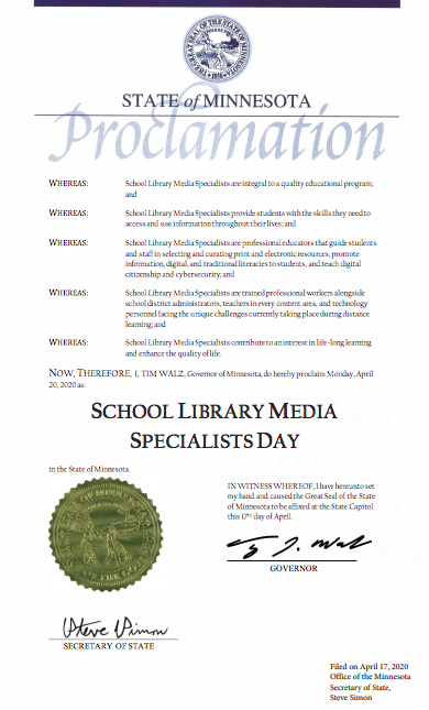 TealLibrarian's tweet image. Thank you @GovTimWalz and @LtGovFlanagan for recognizing the hard work of Minnesota Library Media Specialists! #mnitem #oneminnesota #mnlibrarieslead