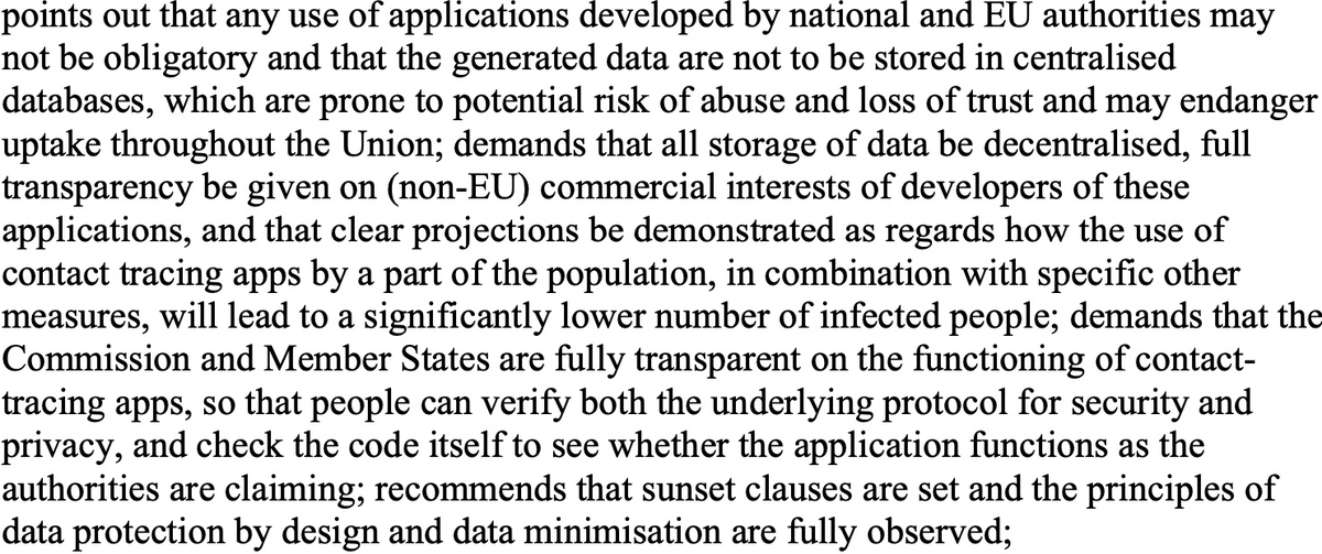 francesca_bria's tweet image. The EU Parliament resolution is crystal clear on contact-tracing apps: decentralized storage of data; principles of data protection by design and data minimization; people should be able to verify both the underlying protocol &amp;amp; check the code itself👇europarl.europa.eu/doceo/document… (pdf)