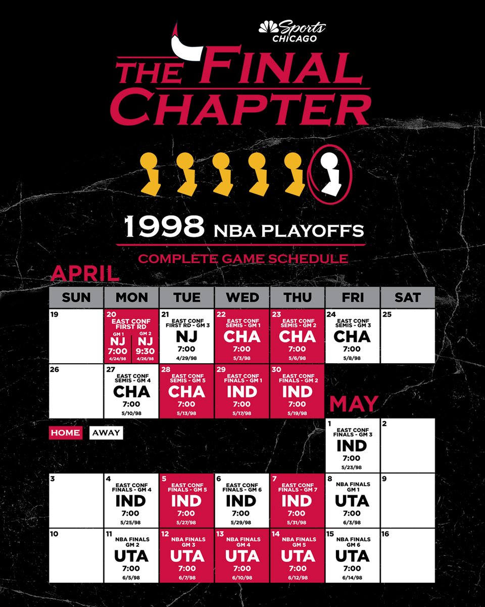 CHSN_Bulls's tweet photo. Schedule for all '98 Bulls playoff games on @NBCSChicago. We got you. https://t.co/WdGPclwsfU