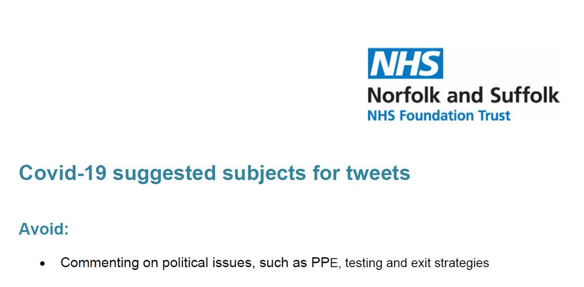 NSFTCrisis's tweet photo. Norfolk and Suffolk NHS Foundation Trust @NSFTtweets tells NHS staff not to tweet about PPE, testing and exit strategies.

Because lack of PPE, testing and exit strategies are 'political'.

We thought they concerned Covid-19 safety for patients, staff and carers?

#Gagged #SPIN https://t.co/joAWoNToPC