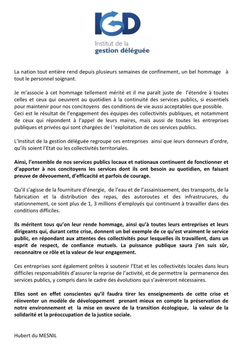 FondationIGD's tweet photo. A lire, l’hommage du Président du Mesnil aux 1,3 millions d’hommes et de femmes des entreprises délégataires qui assurent la pérennité des services publics en cette période de crise sanitaire https://t.co/IHWPqzGYIr