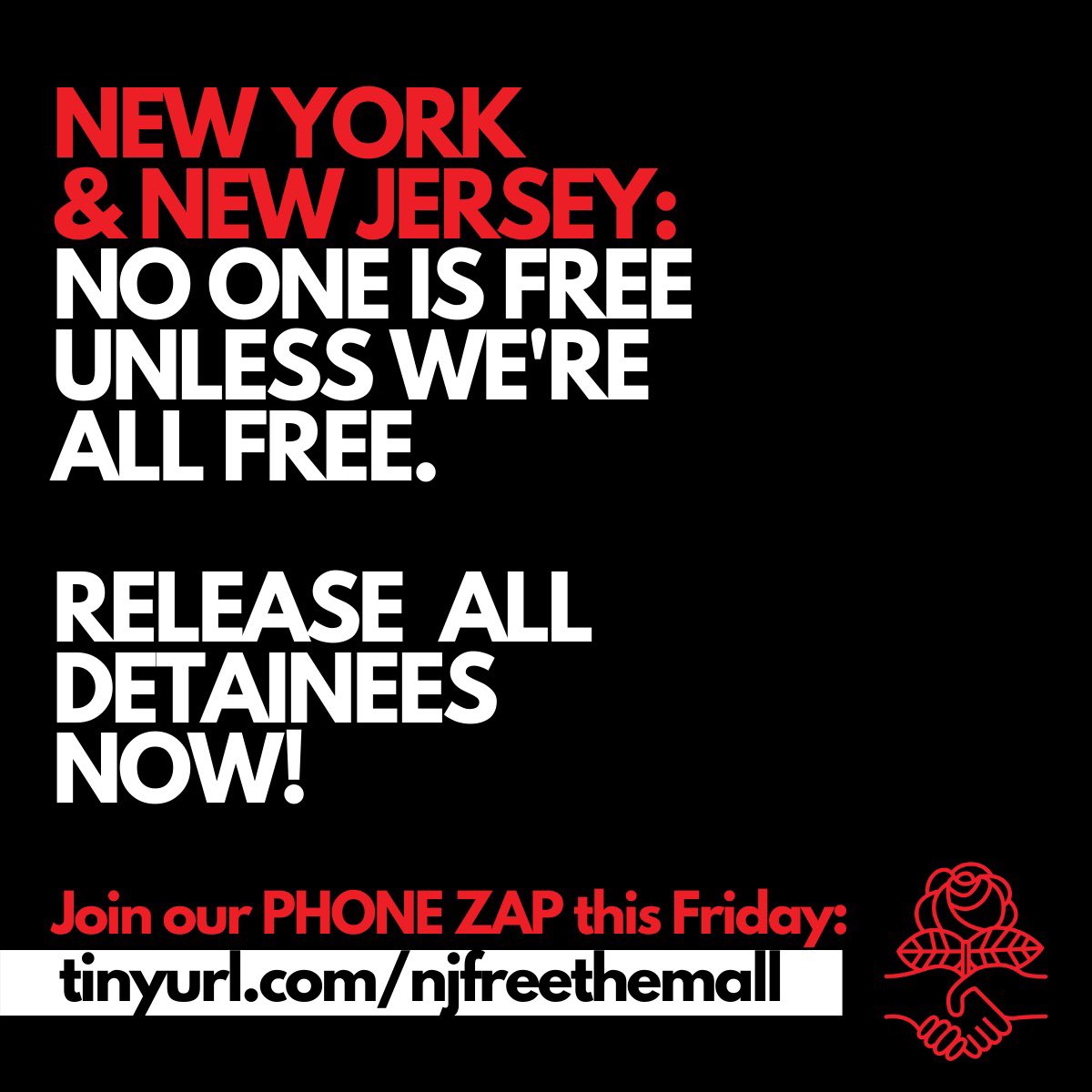 🚨🚨Join our comrades at @ICEfreeNJ @NorthNJDSA @nycDSA @NeverAgainActn  for a coordinated phone zap at 12:30 to #FreeThemAll! 🚨🚨

Who are we targeting? Hudson, Bergen, +Essex Co. Executives and Freeholders, Bergen County Sheriff, and others! actionnetwork.org/events/freethe…
