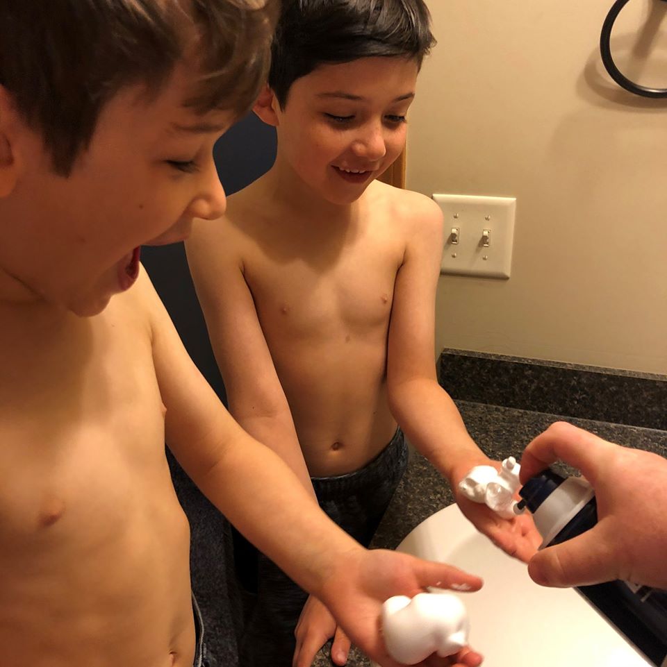 e10rowley's tweet photo. Day 25 Of Homeschooling Update: Mr. Rowley (That's Me) tackled biology class which led to a lesson on shaving. And since it's happening tomorrow ... this led to teaching The Boys about the greatest #Huskers Spring Game Tradition (at least in our house) ... the #SpringGameStache. https://t.co/6N57snKaql