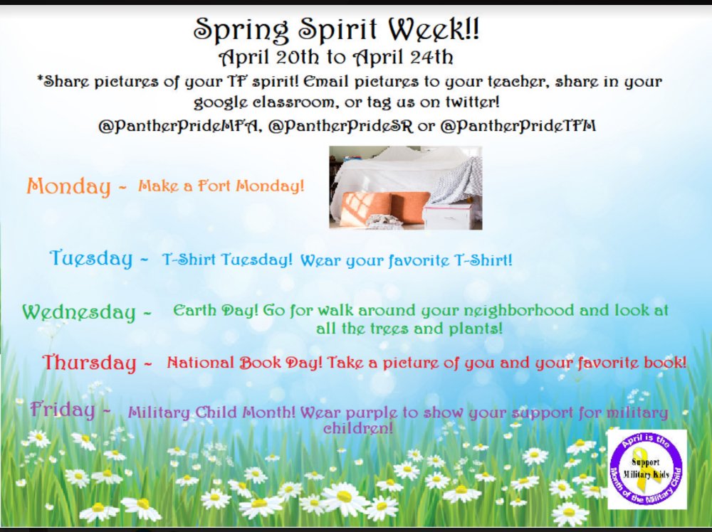 TFSPantherPride's tweet photo. Virtual Spring Spirit week! Show your school spirit!
#tfspantherpride https://t.co/HJutKLGUOA