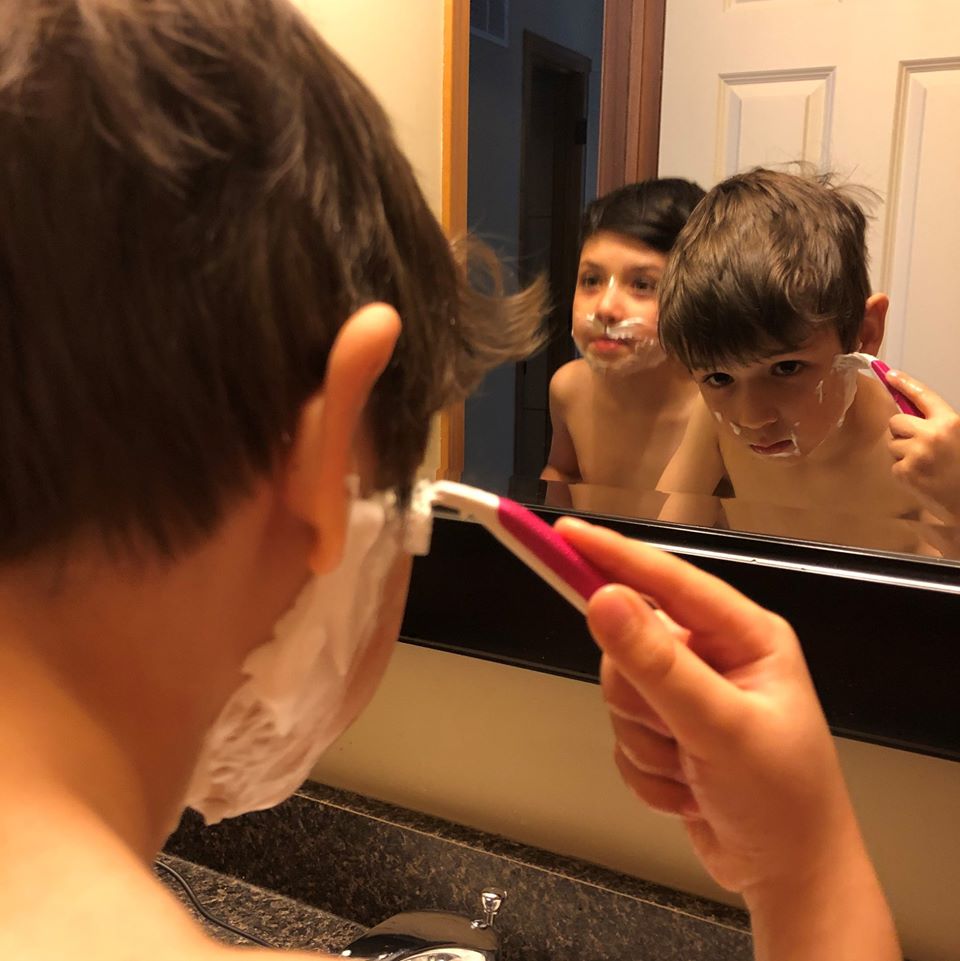 e10rowley's tweet photo. Day 25 Of Homeschooling Update: Mr. Rowley (That's Me) tackled biology class which led to a lesson on shaving. And since it's happening tomorrow ... this led to teaching The Boys about the greatest #Huskers Spring Game Tradition (at least in our house) ... the #SpringGameStache. https://t.co/6N57snKaql