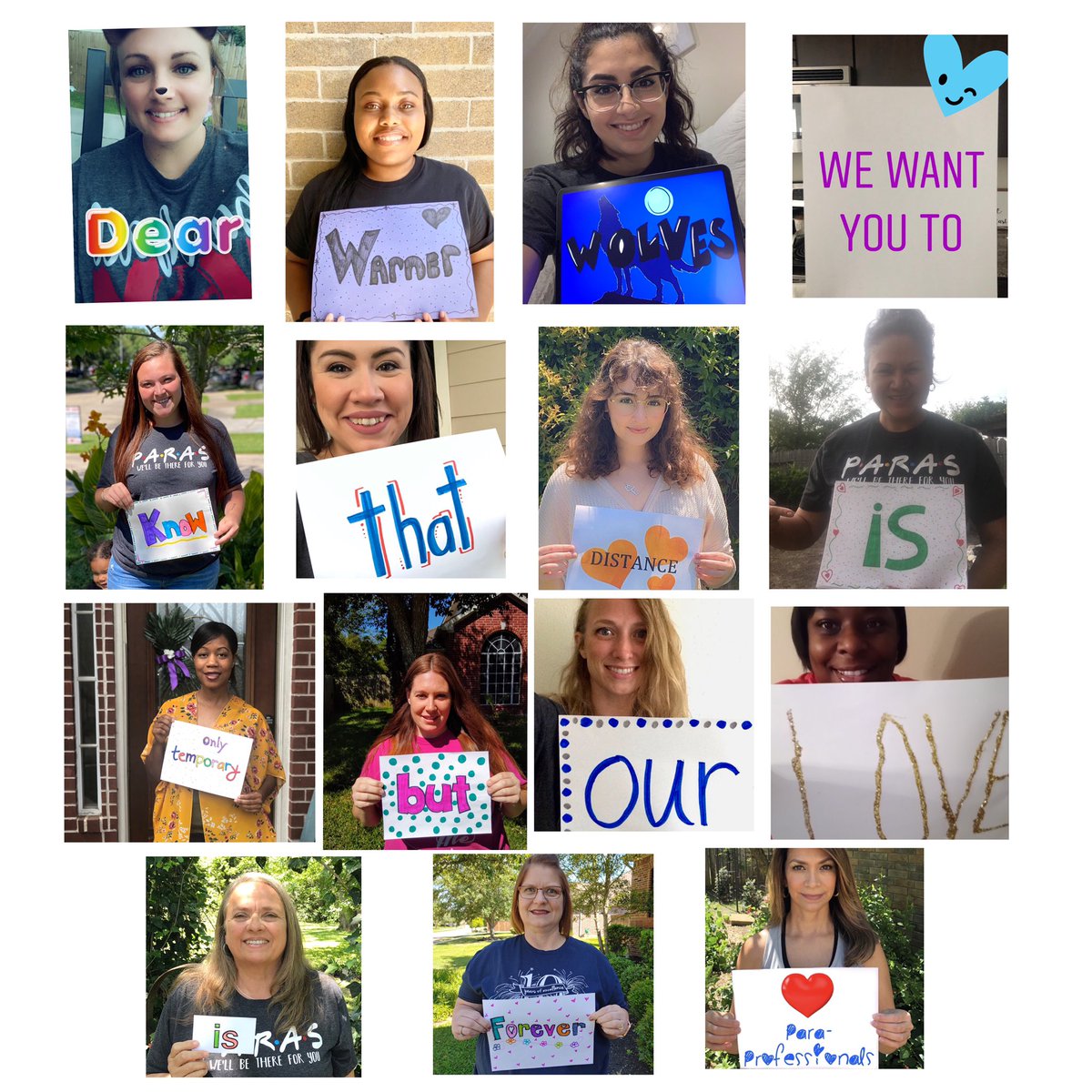 Dear Warner Wolves, we want you to know that distance is only temporary but our love is forever -❤️paraprofessionals #proudpara #wemissourwolves #weloveyou #paraprofessionals <a href="/WarnerCFISD/">Warner Elementary</a>