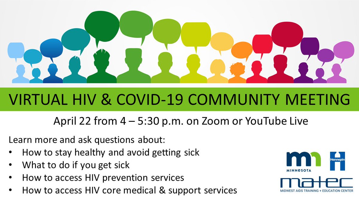 You're invited! Join DHS, @mnhealth, @Hennepin and @MATEC_HIV for a virtual community meeting on HIV and COVID-19 on Wednesday, Apr. 22 from 4:00-5:30 p.m. More info is in an MDH bulletin: content.govdelivery.com/bulletins/gd/M…