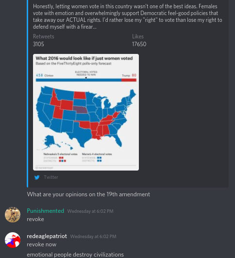 RedEagleExposed's tweet photo. Red Eagle Politics is in favor of repealing the 19th Amendment giving women the right to vote. https://t.co/nsibXjPT26