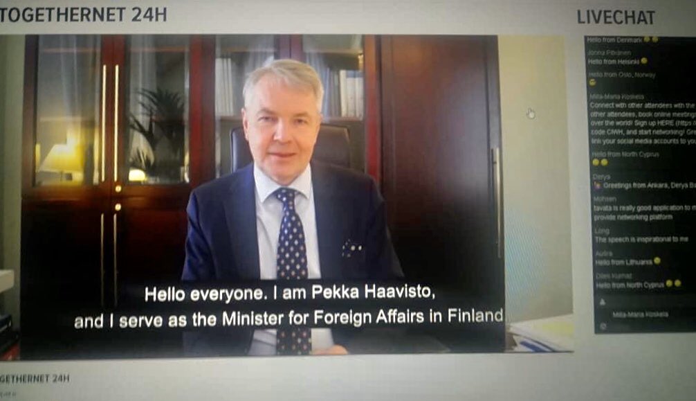 JCIFinland's tweet photo. Thank you @Haavisto, Minister for Foreign Affairs of Finland, for opening the 24h online training journey #togethernet24h. Let’s start the boogie with over 1000 participants from 50 countries! 

#jci #stayathome #pysykotona #bridgethegap #jcifi #nuorkauppakamari https://t.co/0DtBntrnpo