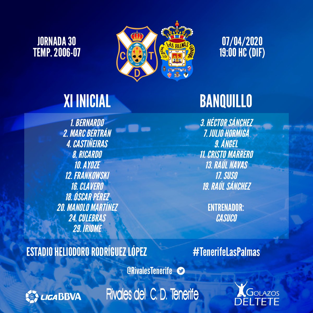 🗒Once del <a href="/CDTOficial/">CD Tenerife 🏴󠁧󠁢󠁳󠁣󠁴󠁿</a> para recibir a <a href="/UDLP_Oficial/">UD Las Palmas</a>:

Bernardo;
Bertrán, Culebras, Castiñeiras, Clavero;
Manolo M.;
Iriome, Ricardo, Óscar Pérez, Ayoze;
Frankowski.

📍4-1-4-1 habitual de Casuco. Castiñeiras por el sancionado Sicilia, e Iriome (ya recuperado) por Suso, novedades.