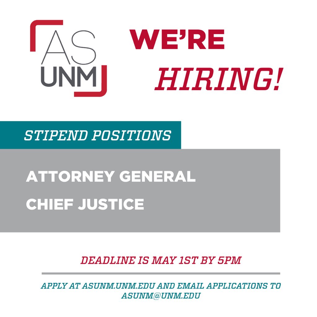 asunmlobos's tweet photo. WE’RE HIRING! There are 5 positions available, make sure to apply before 5 PM on May 1st by emailing your application to asunm@unm.edu. Applications can be found at https://t.co/EkDLYS9QoJ or click the link in our bio! #UNM #ASUNM https://t.co/OyCaJTSEr3