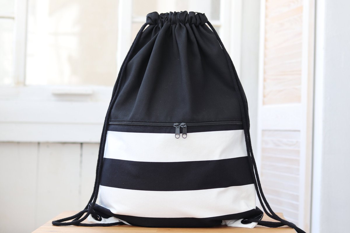 #etsy shop: Cotton backpack with zippered pocket, lightweight travel gift, black and off white stripes etsy.me/2wNlJWl #black #white #drawstringbackpack #backpackforman #backpackforwoman #monogrammedbag #lightweightbag #gymbagwoman #turnbeutel