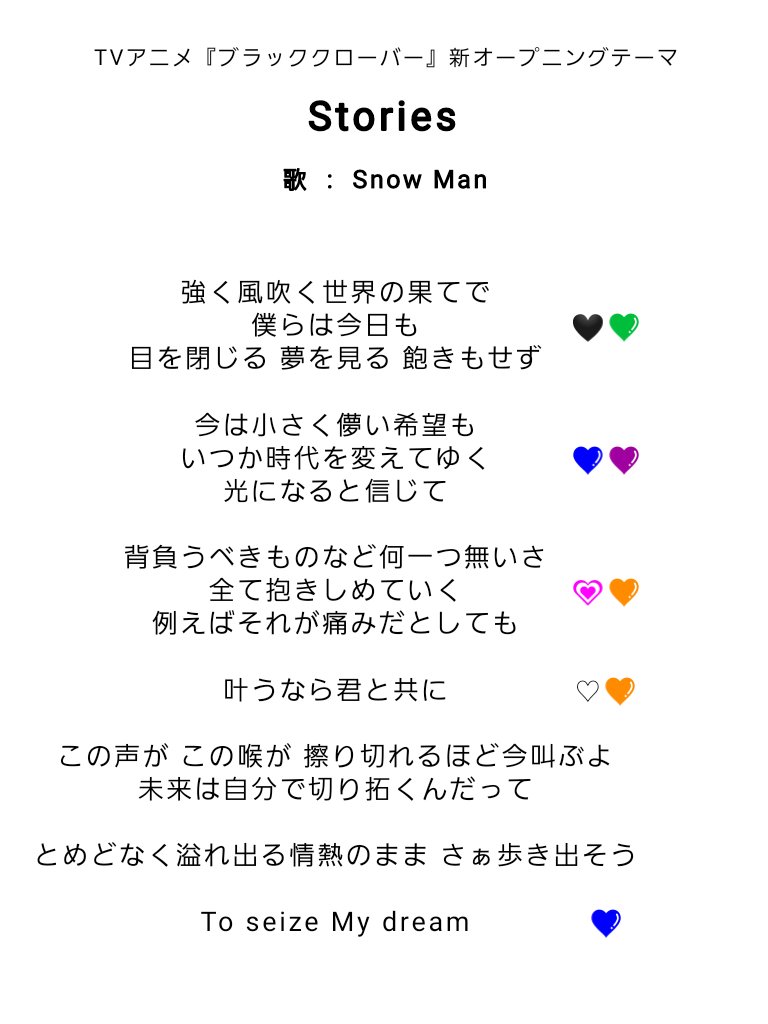 りな ねぇ Storiesの歌い出しって めめあべだよね 強く風吹く世界の果てで 僕らは今日も のところ 目黒くんここ歌ってんな あと誰だ ってなってよく聴いたら 今日も のとこがあべちゃんっぽいな って思ったから 一応 私の歌割り予想表
