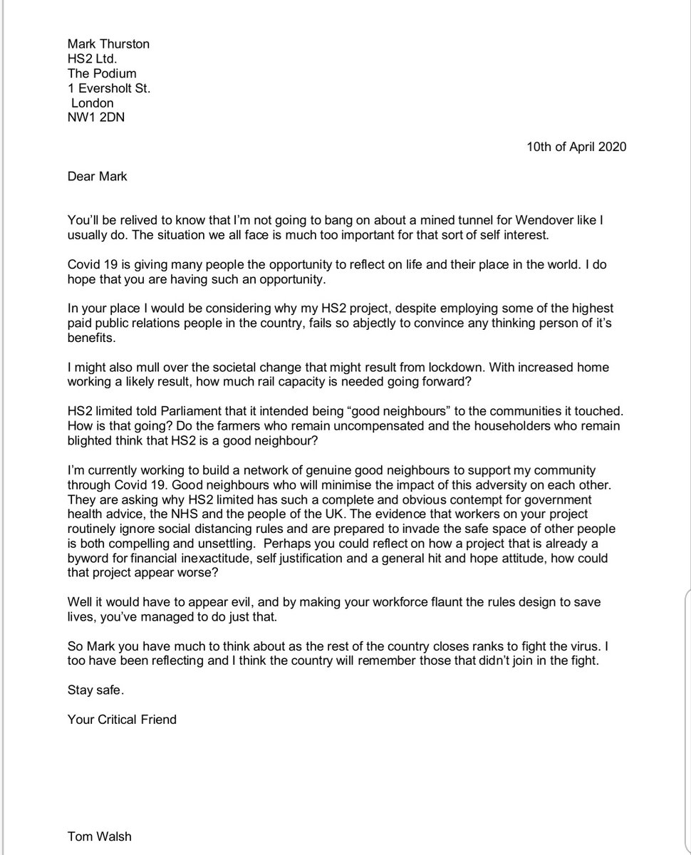 NetsNot's tweet photo. Tom Walsh of #Wendover Parish Council writes to #MarkThurston of @HS2ltd asking questions on the the "EVIL" way #HS2 operates, particularly in the pandemic and pointing out the country will remember those who chose to risk lives rather than save them #NHSnotHS2 https://t.co/eW7ZiokTYQ
