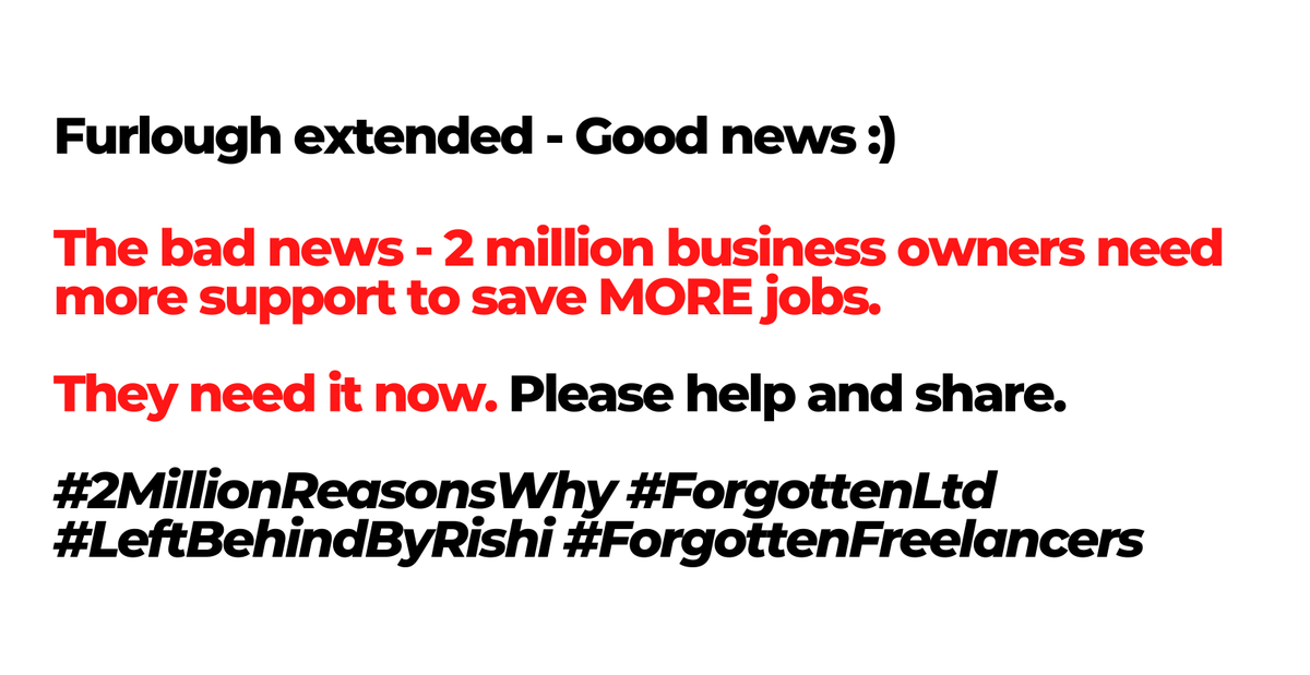 JM03BAS's tweet photo. @RishiSunak we need your help. GOOD re Furlough news. BAD - 2 million business owners need YOUR help to save more jobs. Please support and sign here -> https://t.co/3Oof5RE8Jg #forgottenltd #2millionreasonswhy #forgottenfreelancers https://t.co/bDfmDKot9Z