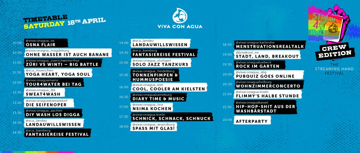 VivaconAgua's tweet photo. Kennste noch #stream4water?! Dieses mal in der #CrewEdition. Samstag 18.04. 10-22 Uhr🙌💦🤩
Die lokalen @VivaconAgua Crews setzen ihre Kreativität ein, um sauberes Trinkwasser weltweit zu unterstützen. 
Mehr Info 👉 https://t.co/YbAjykIo8G
@VcA_Koeln @vca0711 @vca_bremen @VcA_OWL https://t.co/KYJDEmFl01