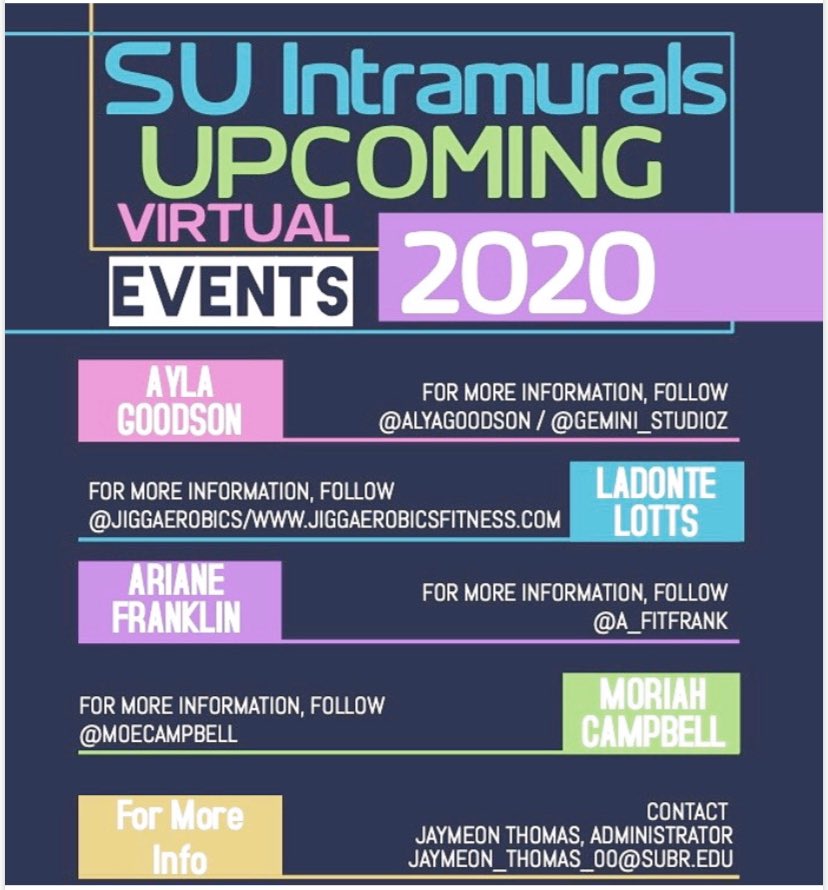 SouthernUOSM's tweet photo. SU Intramural’s Upcoming Virtual Events are lined up and ready for your participation! To check them out, follow the links and pages listed on Instagram. 

#SouthernU #OSM #SUBound #StudentMedia #SouthernDigest #TeamSU #SU23 #SU22 #SU21 #SU20 https://t.co/zUJbM0E7lS