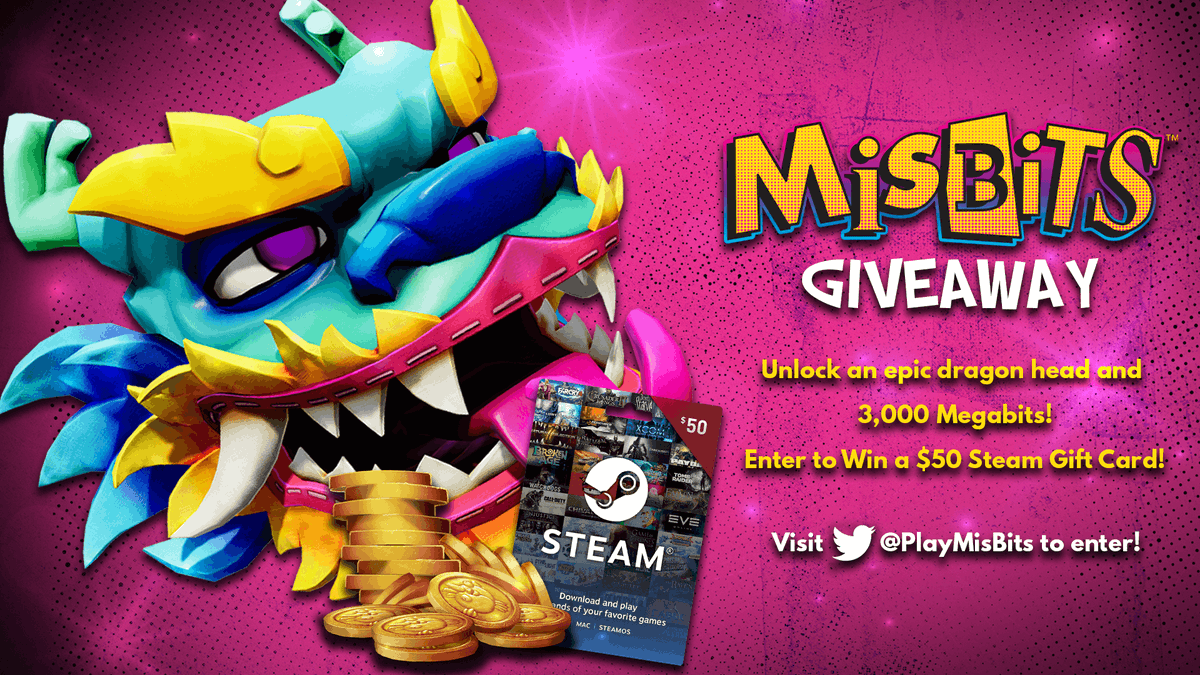 PlayMisBits's tweet photo. Want to earn an epic Dragon head, 3000 coins, AND a chance to win a $50 Steam Gift Card?

Enter our #MisBits Giveaway by April 22, 2020 here!
➡️: https://t.co/OycA6QzmEd

Every action gives you more entries to win a $50 Steam Gift Card! #Giveaway #GiveawayAlert #SteamDeals https://t.co/KAwqatepT0