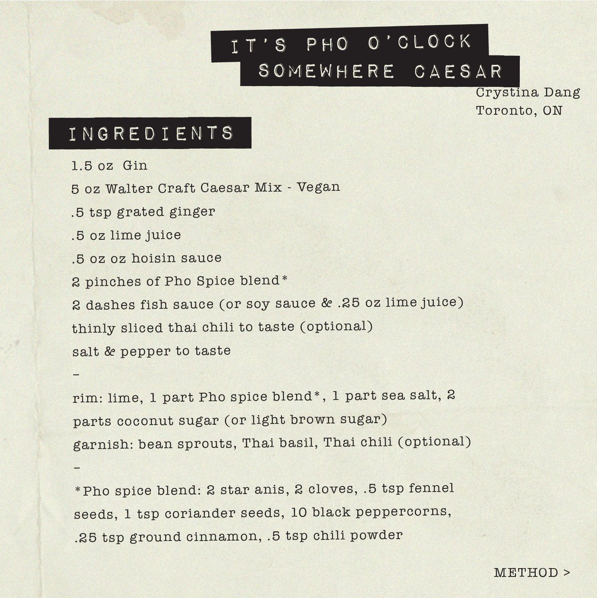 waltercaesar's tweet photo. We've teamed up with awesome bartenders from across Canada in developing some Caesar recipes we could share with you. Check out @crystdang's recipe for the "It's Pho O'Clock Somewhere Caesar". Cheers!

#WalterCraftCaesar #CocktailRecipe #Caesar #Bartenders https://t.co/x3wIYmFsf7