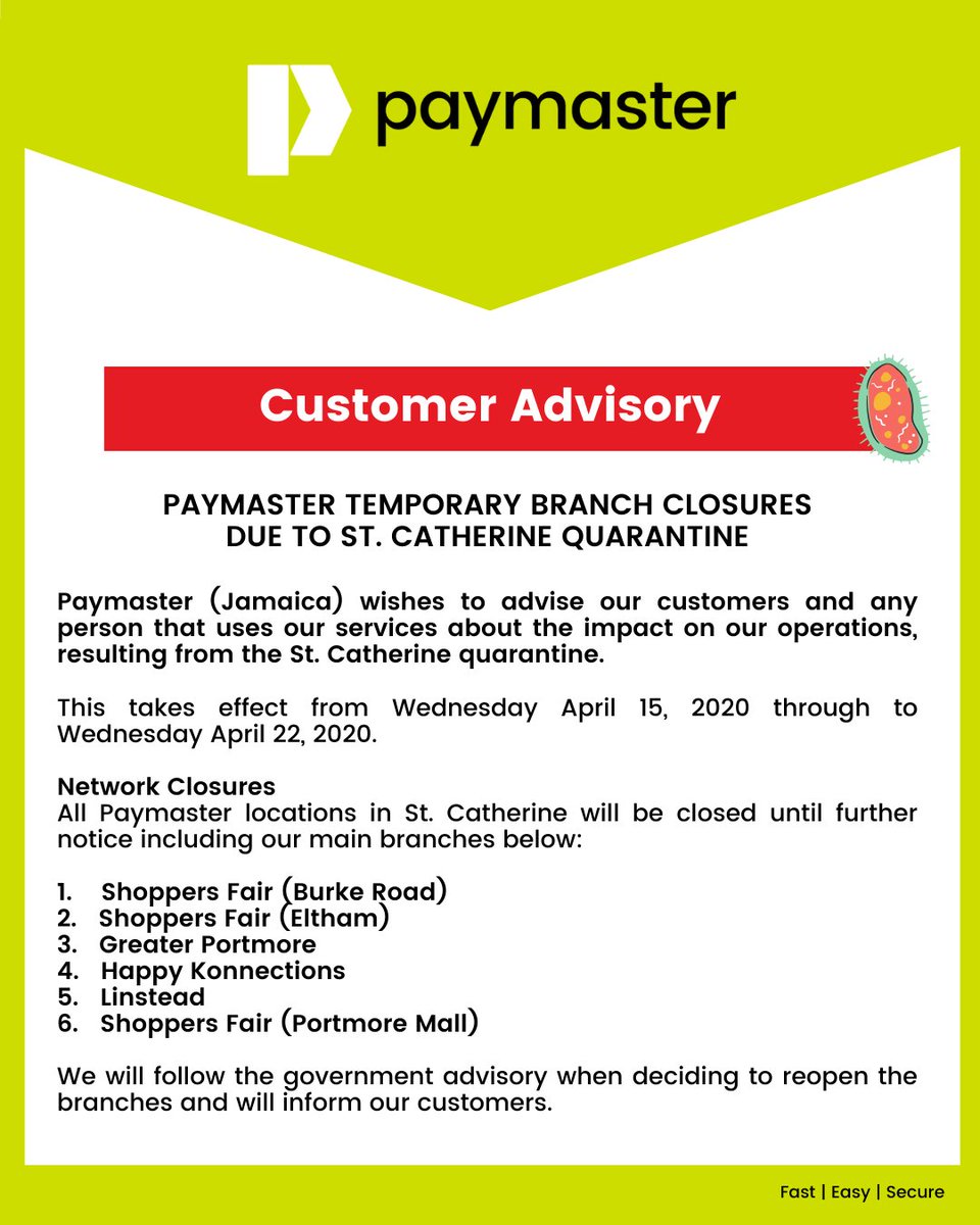 PaymasterJaLTD's tweet photo. #CustomerAdvisory - Network Closure in St. Catherine https://t.co/ARjqt3rkWj