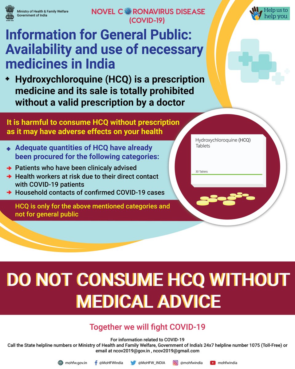 MoHFW_INDIA's tweet photo. #IndiaFightsCorona:

Information for General Public on the availability and use of necessary medicines for #Coronavirus Disease in India. Do not consume any medicine without prescription. 

#CoronaOutbreak #SwasthaBharat  #HealthForAll #Lockdown2 https://t.co/DBbnKvbSvs