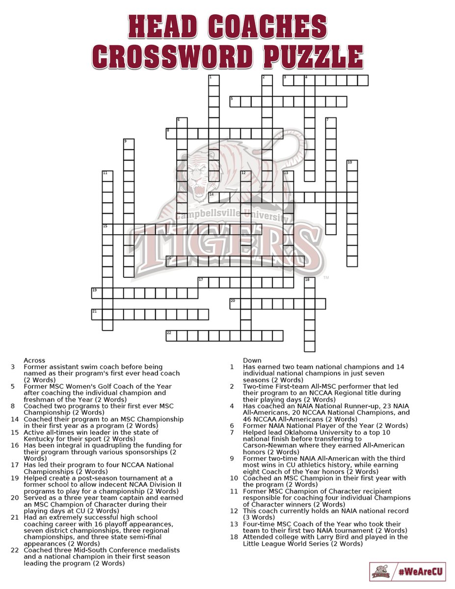 CvilleTigers's tweet photo. Another #TigerCrosswords is here. Can you match these fun facts to each of our head coaches?

#WeAreCU https://t.co/nD8zhT0bip