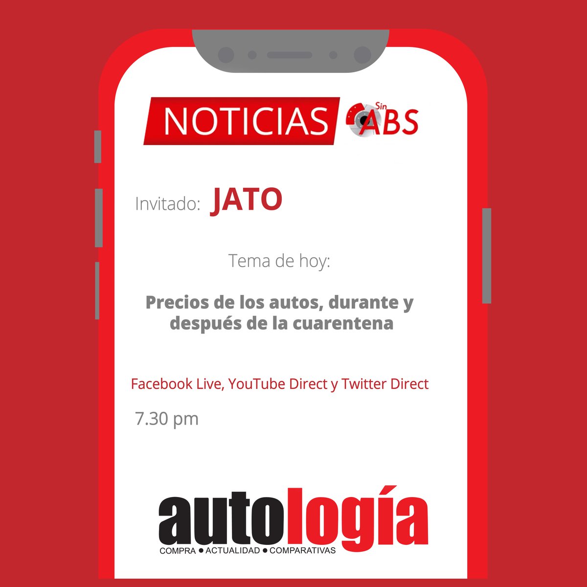 soloautos's tweet photo. Te invitamos a pasar este viernes con nosotros en #SinABS,  hoy nos acompañará @JATO_Dynamics y analizaremos los precios de los autos durante y después de la cuarentena ¡No te lo puedes perder! #autología #soloautos https://t.co/ADv9bYSZe3