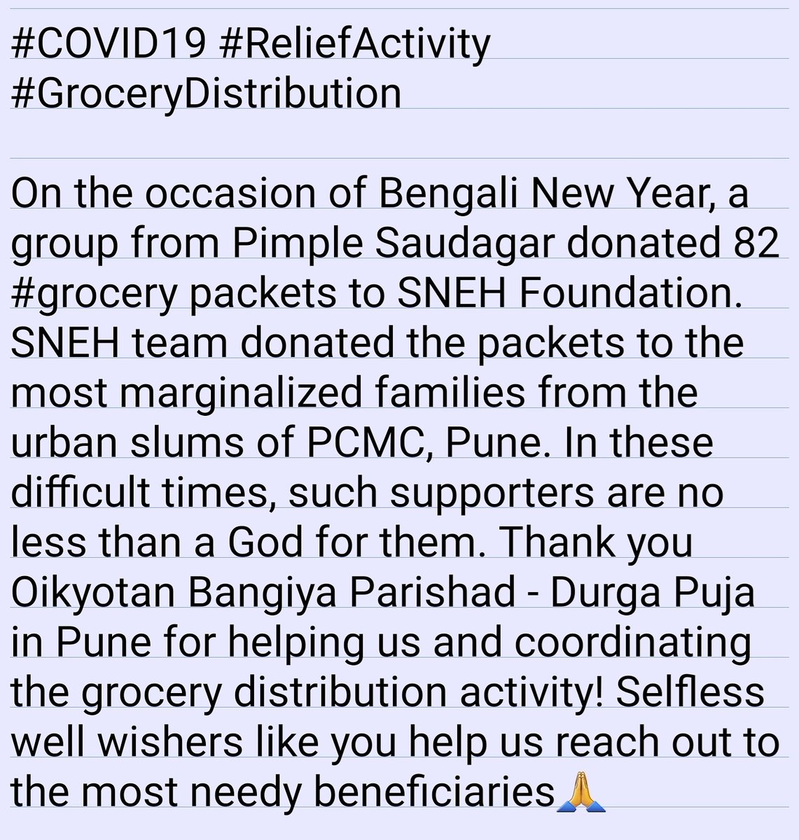 KeyaSMamma's tweet photo. #COVID19 #ReliefActivity #GroceryDistribution
On the occasion of Bengali New Year, a group from Pimple Saudagar donated 82 #grocery packets to SNEH Foundation.
https://t.co/ZijHQZbdi4 https://t.co/1OQQ1tbwn0