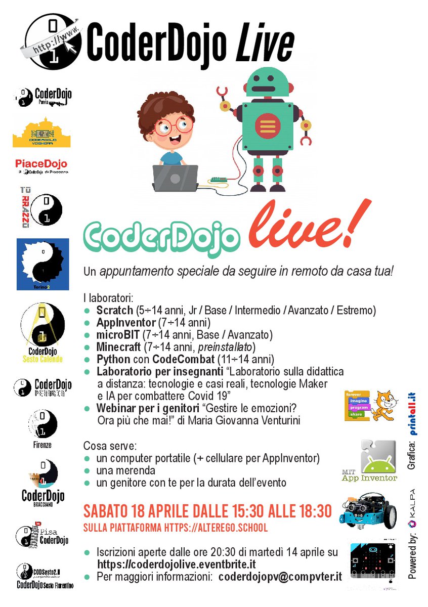 kalpa_official's tweet photo. Il 18 aprile si terrà #CoderDojo Live! #Kalpa ha dato il suo contributo per azzerare le distanze e mettere in connessione rimanendo a casa ben 11 Dojo e oltre 300 bambini di tutta Italia che potranno cimentarsi nel coding! #Kalpanonsiferma #iorestoacasa https://t.co/b6niLrZbeF
