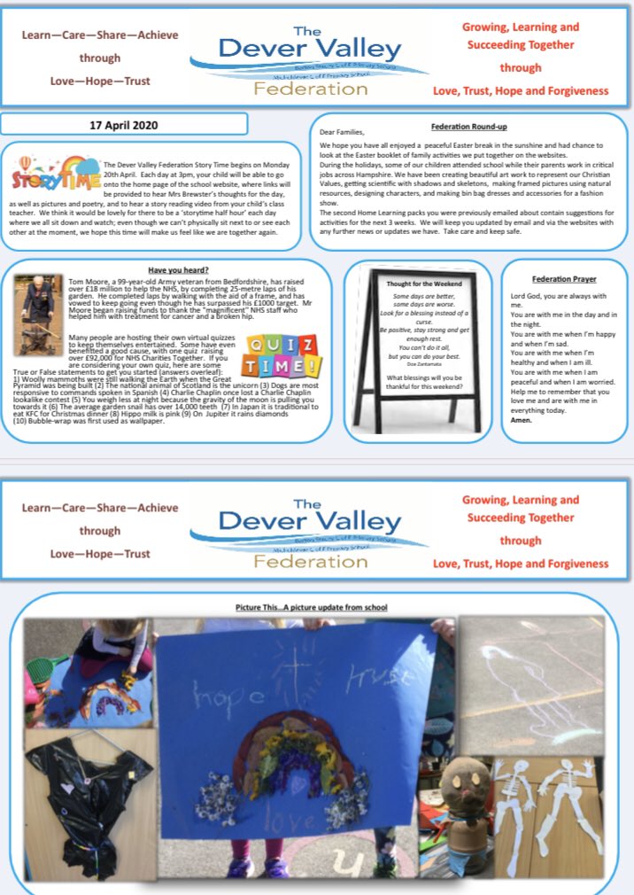 DeverFederation's tweet photo. Check your inbox for another special federation newsletter with information about our new online ‘Story Time’ next week and pictures taken in school with our children attending the last two weeks. https://t.co/VmVPlwl14w