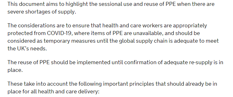 lewis_goodall's tweet photo. Here's PHE's new guidance on PPE

It outlines a series of "temporary measures" in England. "Reuse of PPE should be implemented until confirmation of adequate re-supply is in place."

"Compromise is needed to optimise supply in times of extreme shortages"

https://t.co/OAwc9flGI5 https://t.co/t63yubms5b