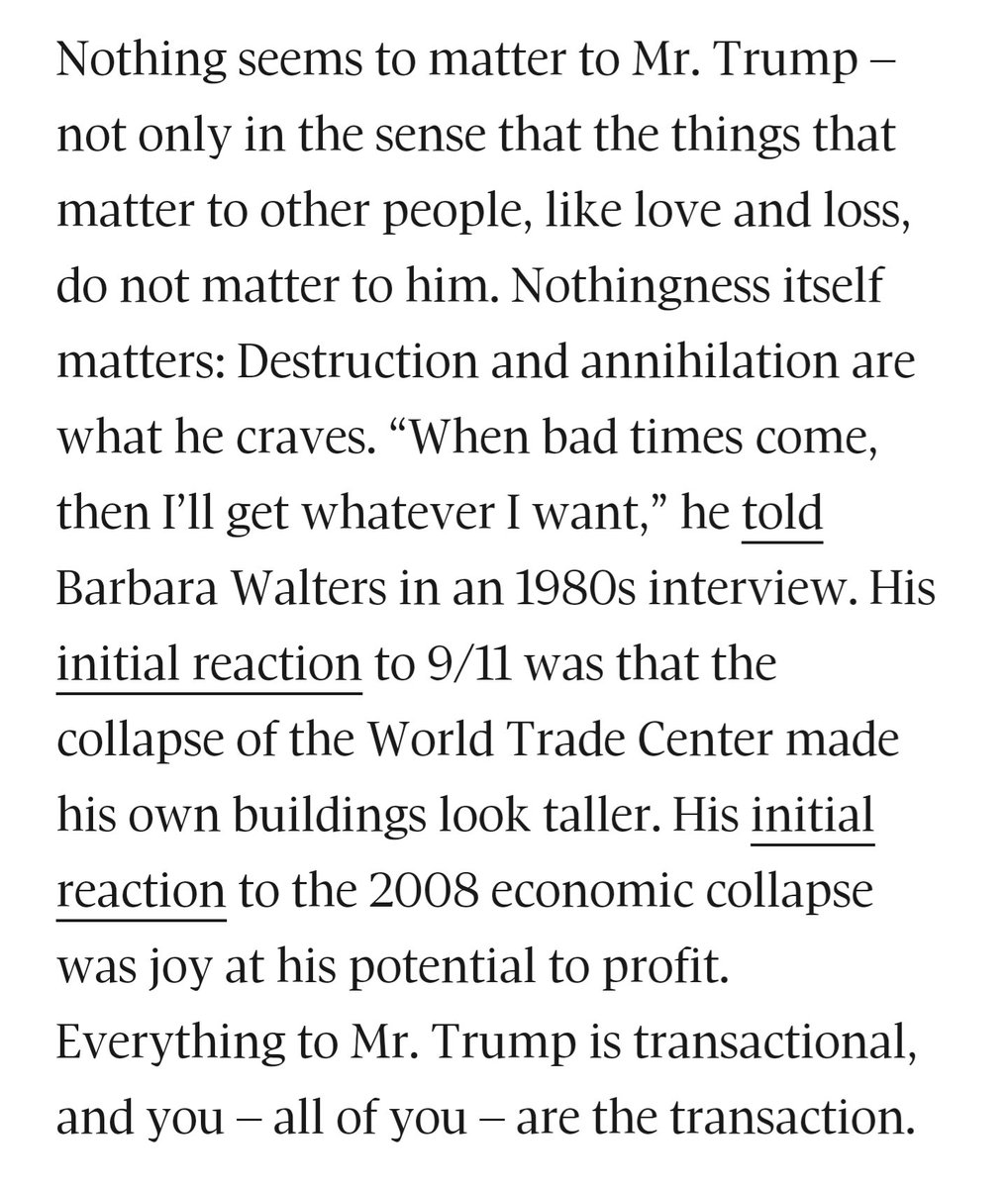 And here's another recent essay I wrote with several decades of citations regarding Trump's sadistic pleasure in watching people die and profiting off destruction  https://www.theglobeandmail.com/opinion/article-the-plague-of-donald-trump/