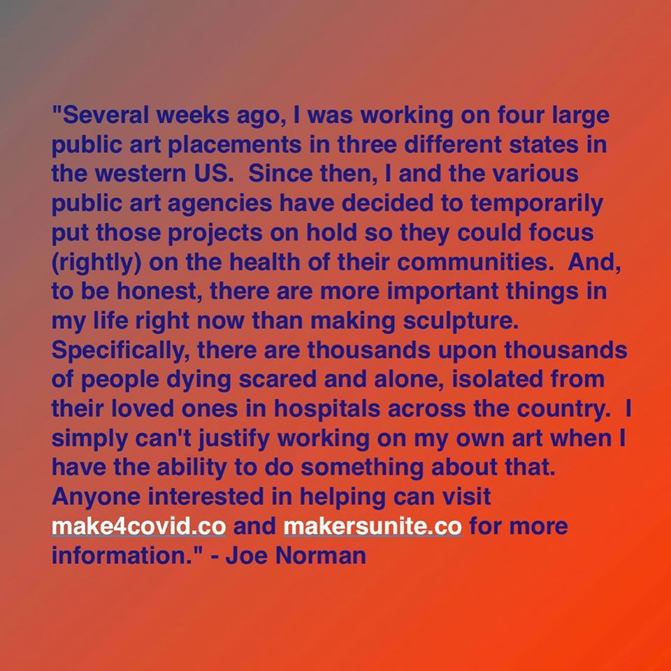 LovelandMuseum's tweet photo. We love this - thanks Artworks Loveland for sharing.  Local artist Joe Norman is creating ventilator parts to maximize the use of a ventilator for multiple patients, at hospitals with limited equipment and resources. For more info, please visit https://t.co/3AyWLOoFEX. https://t.co/DcGyLippjn