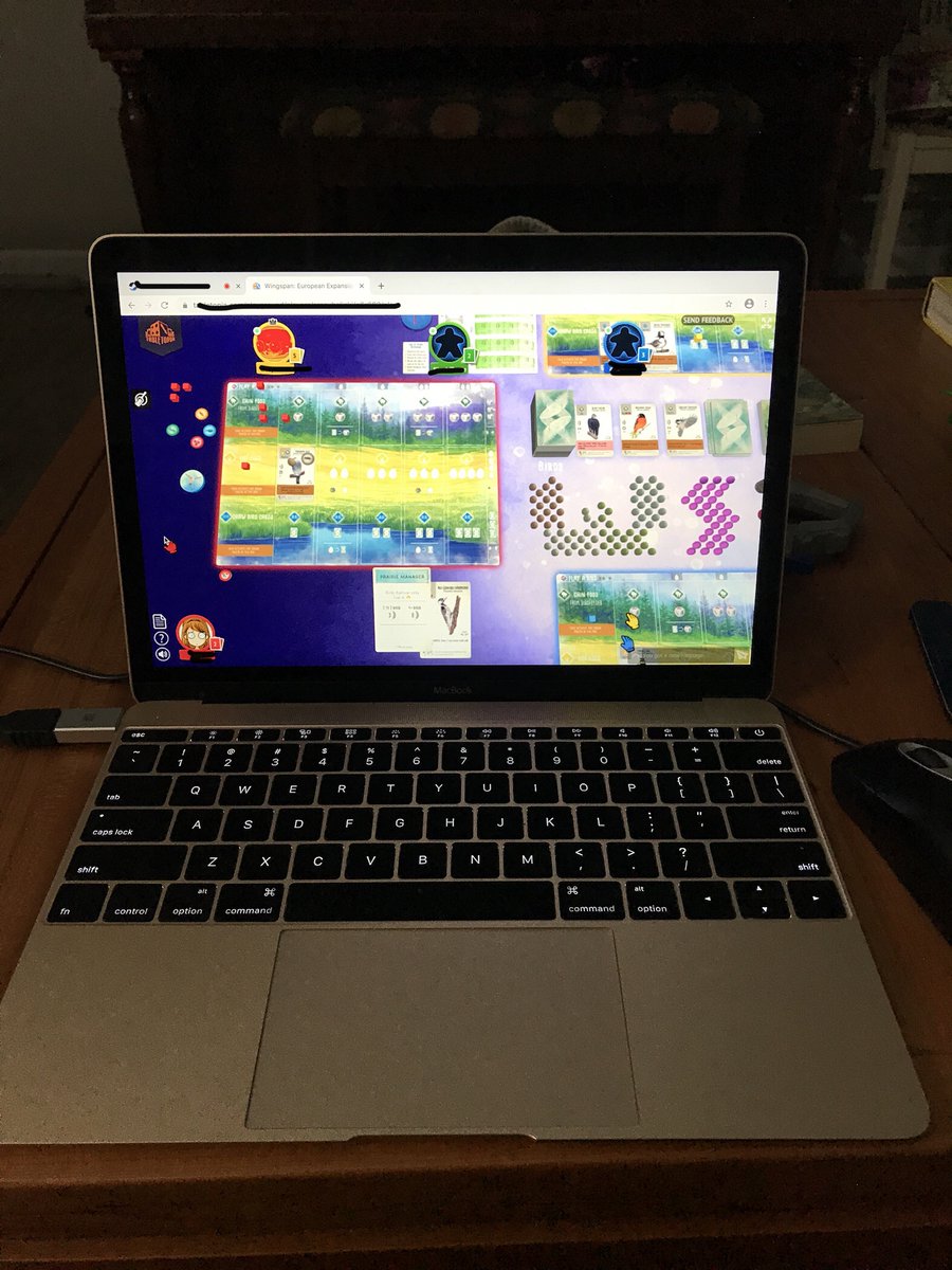 Our Game Night friends are moving, and we are sad. But we’re happy there are online options to still play together! Now if I could just figure out how to control the board and mouse.  #technotsavvy  (also, Wingspan by <a href="/stonemaiergames/">Stonemaier Games</a> and Peppermint Tea by <a href="/stashtea/">Stash Tea</a>)