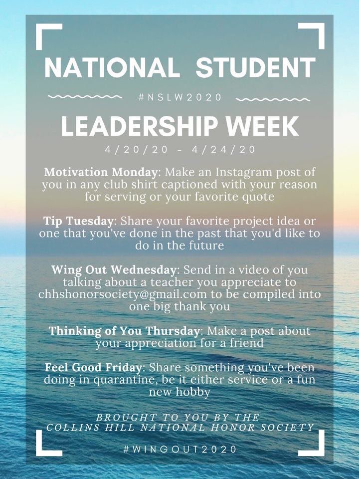 collinshill's tweet photo. National Student Leadership Week begins Monday!  Join in the daily events and be sure to include #nslw2020 and #wingout2020 https://t.co/NtgfoJdZpM