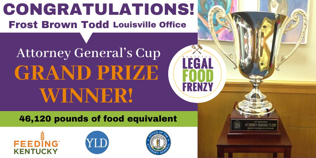 KyFoodFrenzy's tweet photo. Congratulations to Attorney General's Cup GRAND PRIZE WINNERS - Frost Brown Todd (Louisville office)!
46,120 pounds of food equivalent donated. Great job!
And, thanks again to all participants in this year's Legal Food Frenzy. #Kylff #FeedtheFrenzy #EndHunger @KBAYLD @kyoag https://t.co/hNAn5RlfSU