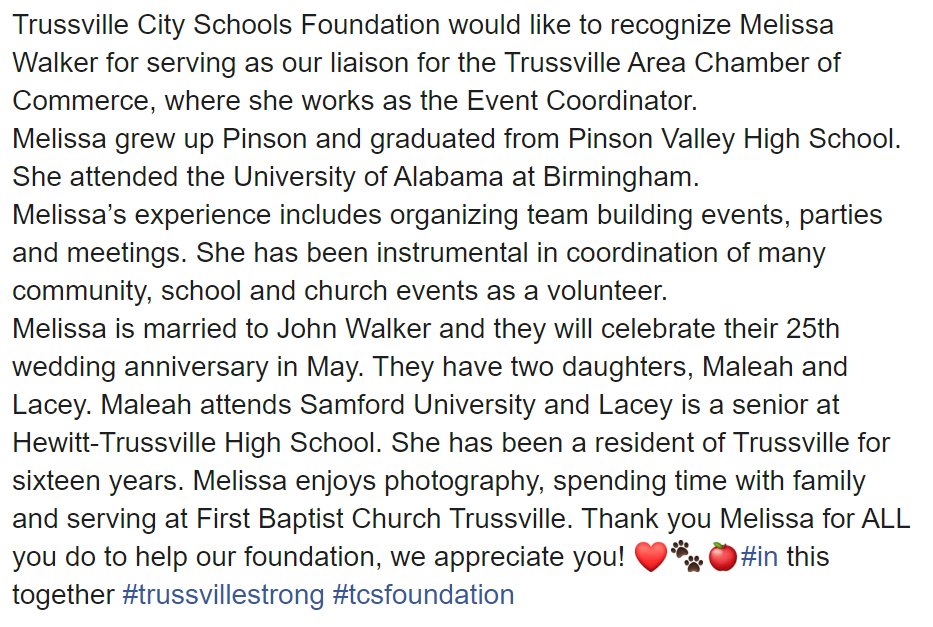 We appreciate the support we receive from <a href="/TrussChamber/">Trussville Chamber</a> and for Melissa's involvement with TCSF!