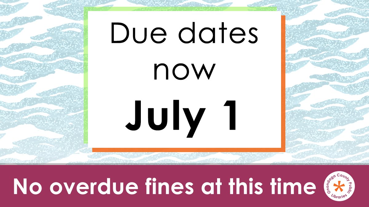 Due dates have been extended to July 1!

- Holds will be kept until July 8
- Holds pick up will resume when libraries reopen
- No account notifications at this time
- No overdue fines at this time
- Please hold on to any physical items you have checked out until libraries reopen