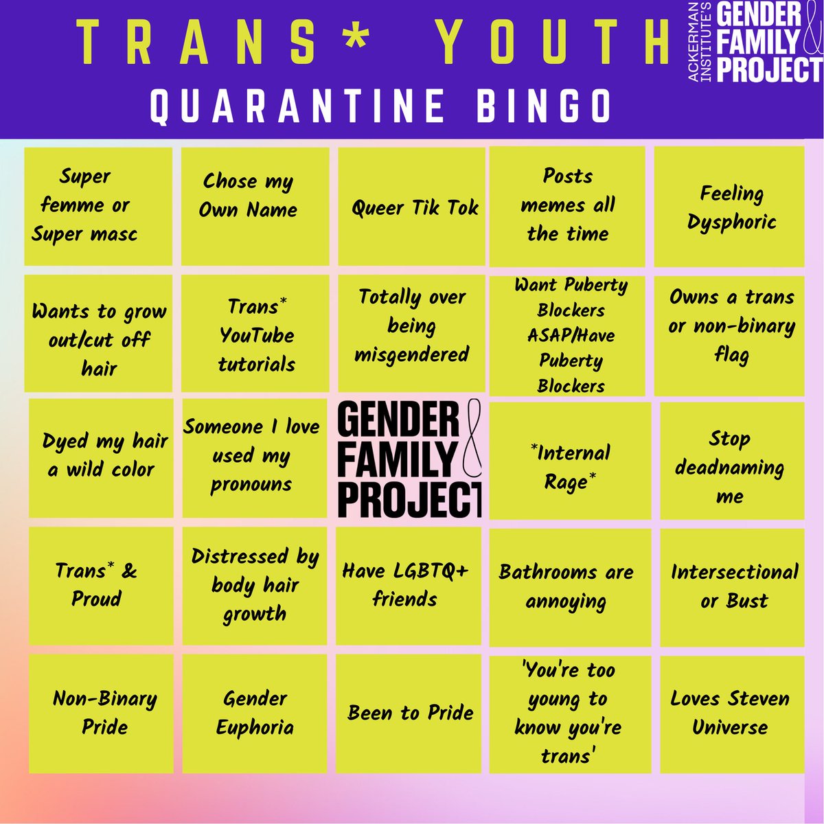 genderandfamily's tweet photo. QUEER BINGO #TransYouth EDITION πΎ Screenshot this post and fill it out. Then post it on your story and tag @genderandfamily so we can share. Letβs see if anyone can get a win!
#TransTeen #NonbinaryTeen #TransKid #NonBinaryKid #Queer #Bingo #GFP https://t.co/4xRaYYyGX2