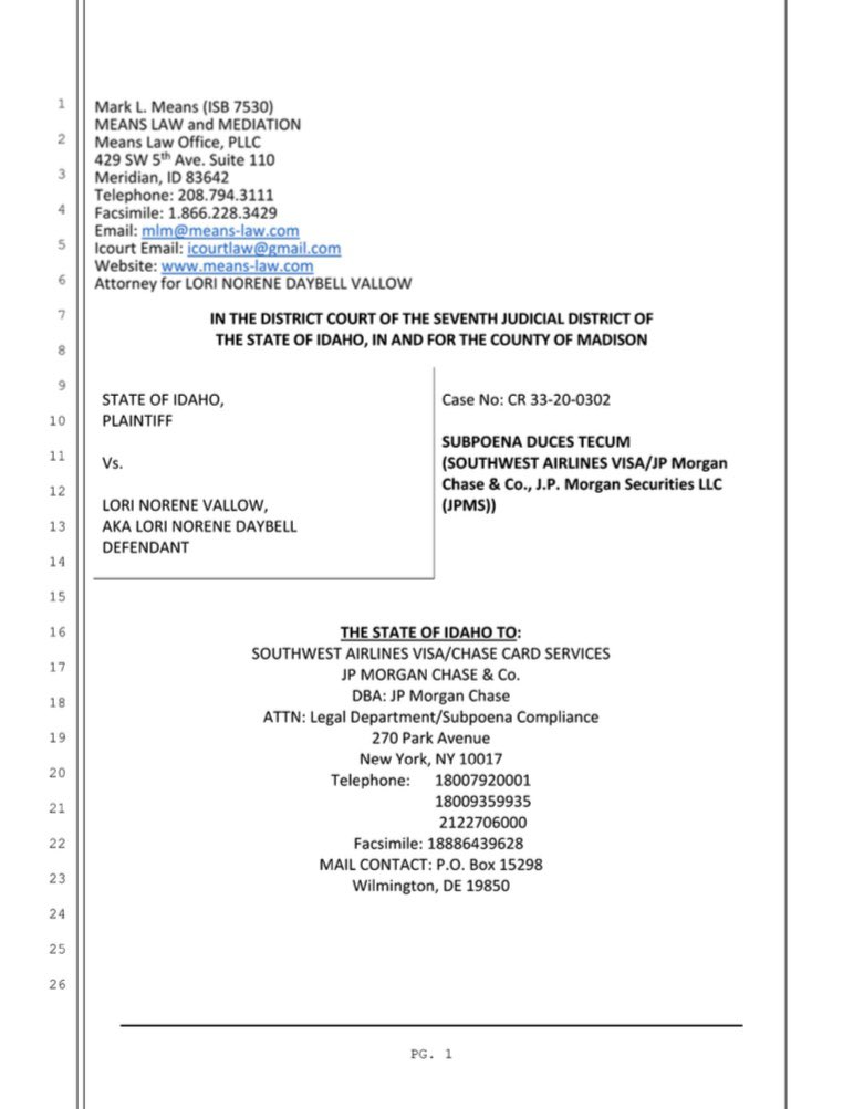 ᴊᴜꜱᴛɪɴ ʟᴜᴍ 林俊豪 Charles Vallow Records Another Subpoena Filed By Lv S Attorney Is For Southwest Airlines Visa And Chase Bank Requesting All Records And Emails Linked To Lv S Dead