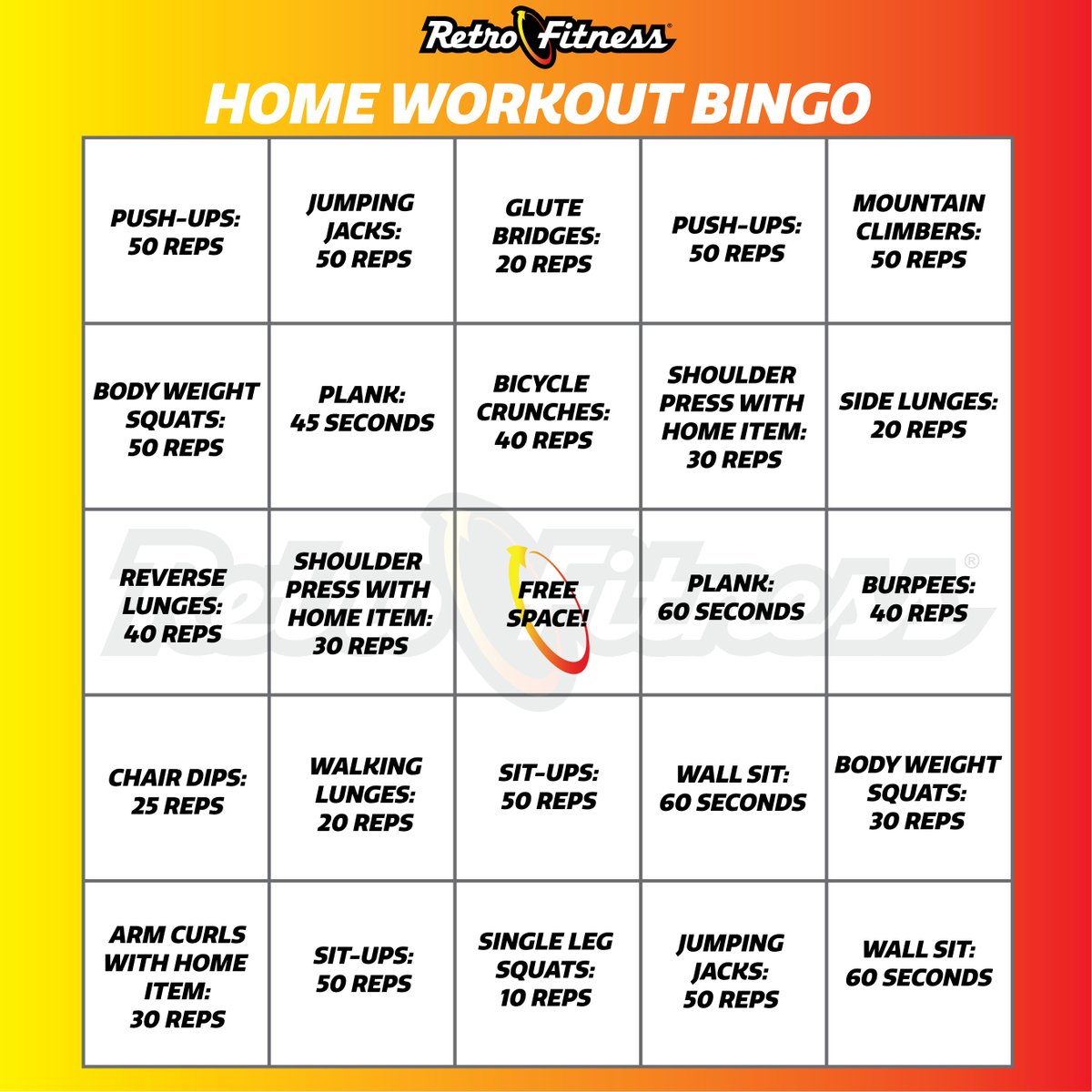 RetroBearDE's tweet photo. It's Friday and time for some #HomeWorkoutBingo! You could win FREE Retro Fitness gear. #GETREAL

1. Screenshot the image
2. "X" out the workouts you complete 
3. Tag us in your post with your bingo board

Winners will be randomly selected. This board is valid through 4/23. https://t.co/dKofjWZWxq