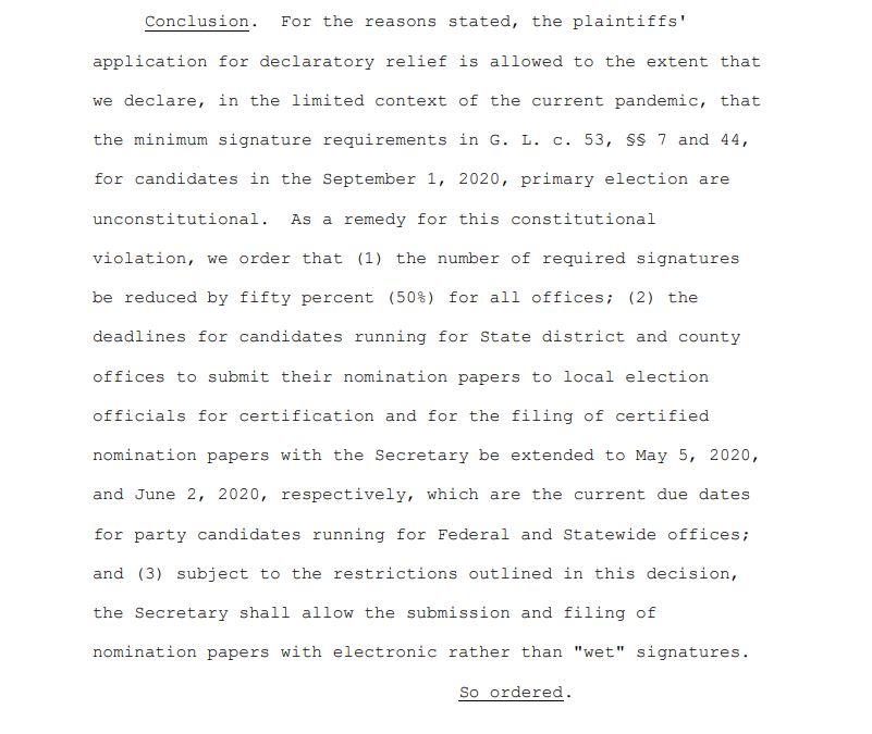 #BREAKING;  SJC ruling on signature gathering requirements for elections in #MA - given pandemic.

"..plaintiffs' application for declaratory relief is ALLOWED.."

"..the number of required signatures be reduced by fifty percent (50%) for all offices.."

#mapoli <a href="/boston25/">Boston 25 News</a>