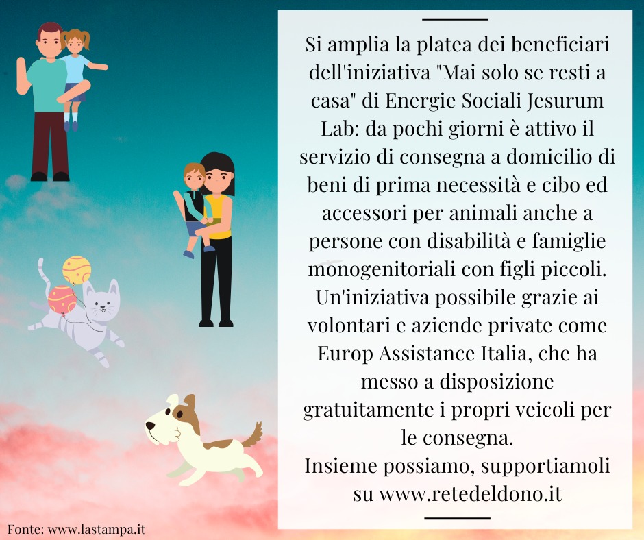 InsiemeV's tweet photo. Gli anziani con animali, le famiglie con bambini piccoli e le persone con disabilità non sono più sole! In loro soccorso accorrono i volontari di #Jesurumlab ! Unisciti a loro.. basta una piccola donazione:https://t.co/TLZsZsqf64 #smm20 #social4social #insiemeavoi https://t.co/ZG3JarpwFj