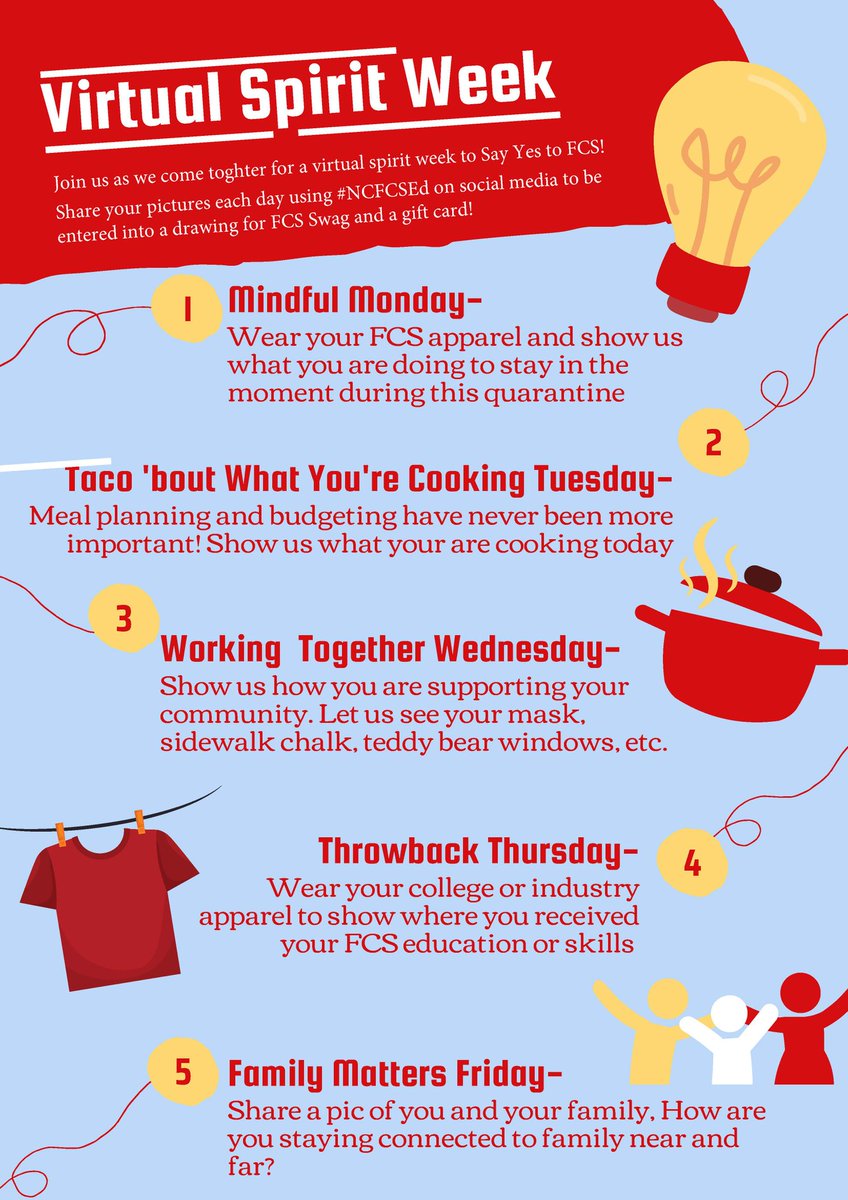 Join <a href="/NCFCSEd/">NC FCS Education</a>, <a href="/NCAFCS/">NCAFCS</a>, <a href="/NcacteE/">NCACTE  (NC Career And Technical Education )</a> &amp; <a href="/NCFCCLA/">North Carolina FCCLA</a> for a virtual spirit week starting Monday, April 20, 2020 to #SayYestoFCS! 

Post your pictures each day using #NCFCSEd and #ctefornc to be entered into a drawing for prizes!