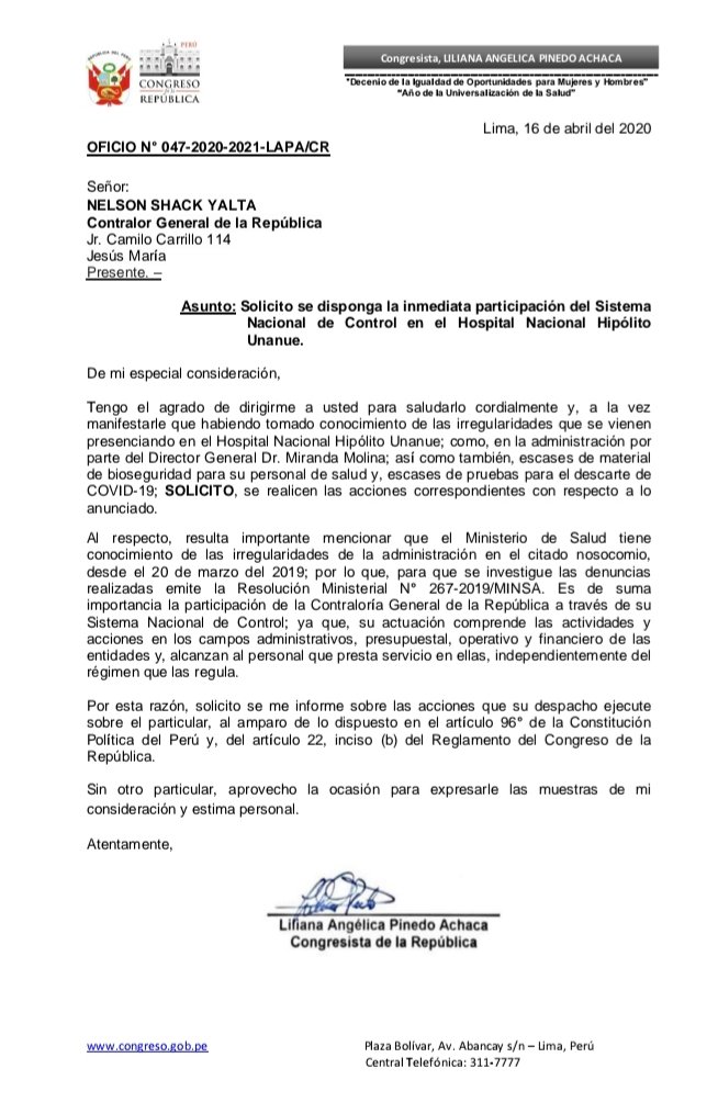 LilianaPinedoA's tweet photo. Como Congresista de la República atenderé a todos sin excepción; por lo que, he solicitado la inmediata participación de la @ContraloriaPeru y el @Minsa_Peru en el Hospital Nacional Hipólito Unanue, debido a que se estarían presentando irregularidades.
#PorTiPerú 🇵🇪🇵🇪 https://t.co/EoMkQWIcQN