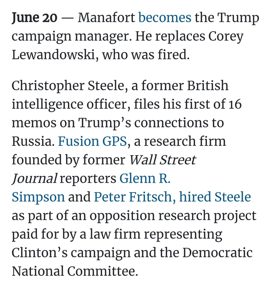 And what was going on in Trumpland?6/3: Trump Jr, re: dirt "i love it, especially later in the summer"6/9: Trump Tower meeting6/14: Trump reacts to news of hack by saying DNC faked it6/20: Steele starts tracking Trump6/24: Yuri/Cohen tweet http://web.archive.org/web/20180111073526/https:/twitter.com/pwnallthethings/status/743208737469509632