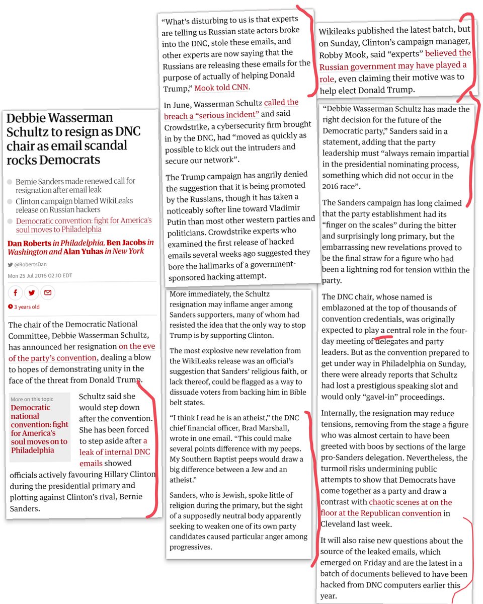 7/24: Debbie Wasserman Schultz will resign as head of DNC after Sanders calls for her to step down due to leaked emails. Hillary's campaign says emails were leaked by Russia to elect Trump 7/25-28: Dem Nat'l Conv. is a mess because of Bernie/Wikileaks  https://www.theguardian.com/us-news/2016/jul/24/debbie-wasserman-schultz-resigns-dnc-chair-emails-sanders